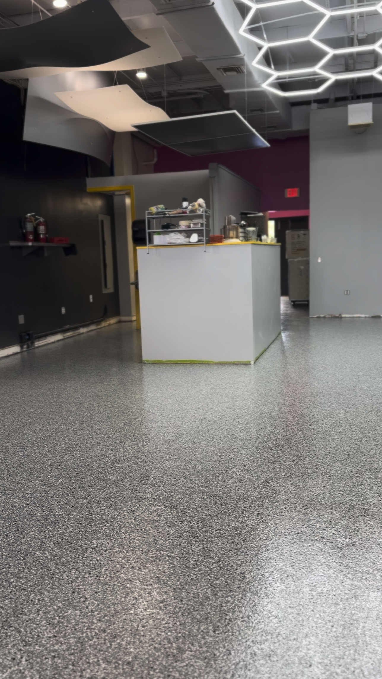 Commercial space with decorative flake floor